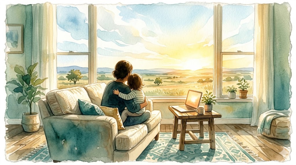Parent and child sitting together in a bright sunlit room with a wide open sky visible through the window, watercolor illustration in teal and warm gold tones representing accessible ABA therapy in Texas