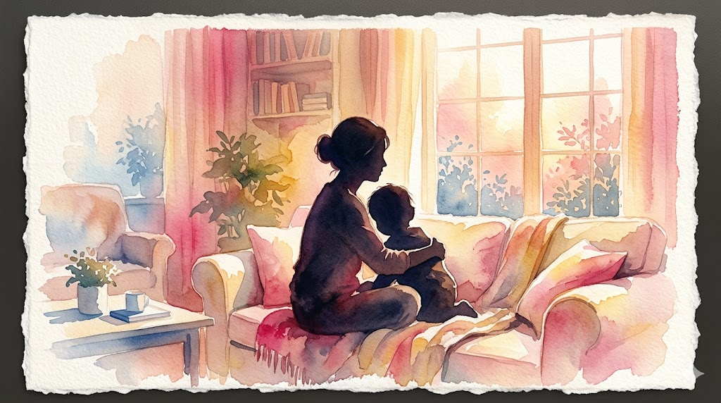 Parent and child sitting together in a warm home setting, watercolor silhouette representing home-based ABA therapy access in Illinois
