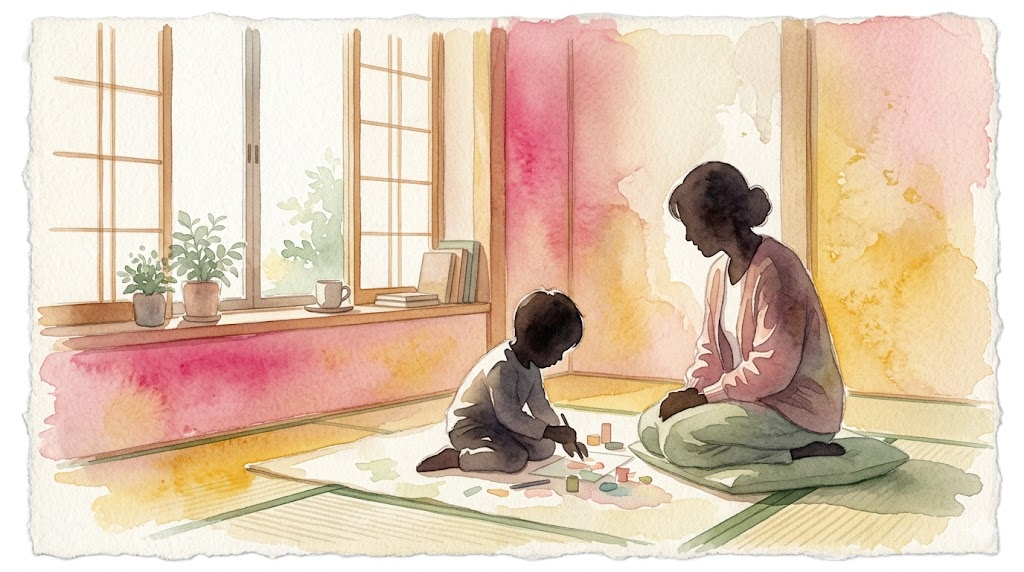 Parent watching child engaged in activity at home, watercolor silhouette representing ABA therapy progress and results