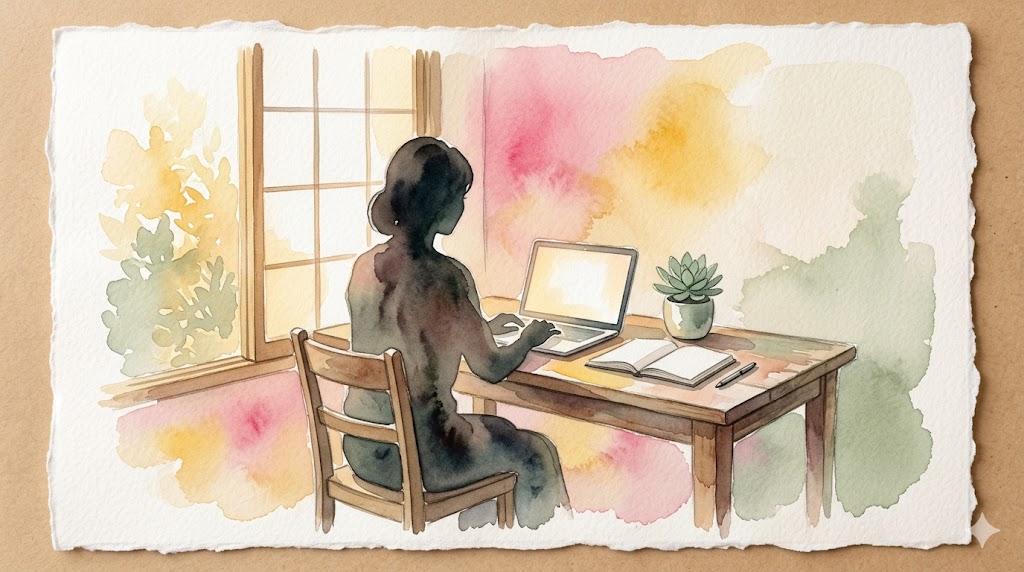 Parent silhouette at calm desk with laptop and journal, soft window light, watercolor style representing The Anchor 1:1 behavioral coaching program