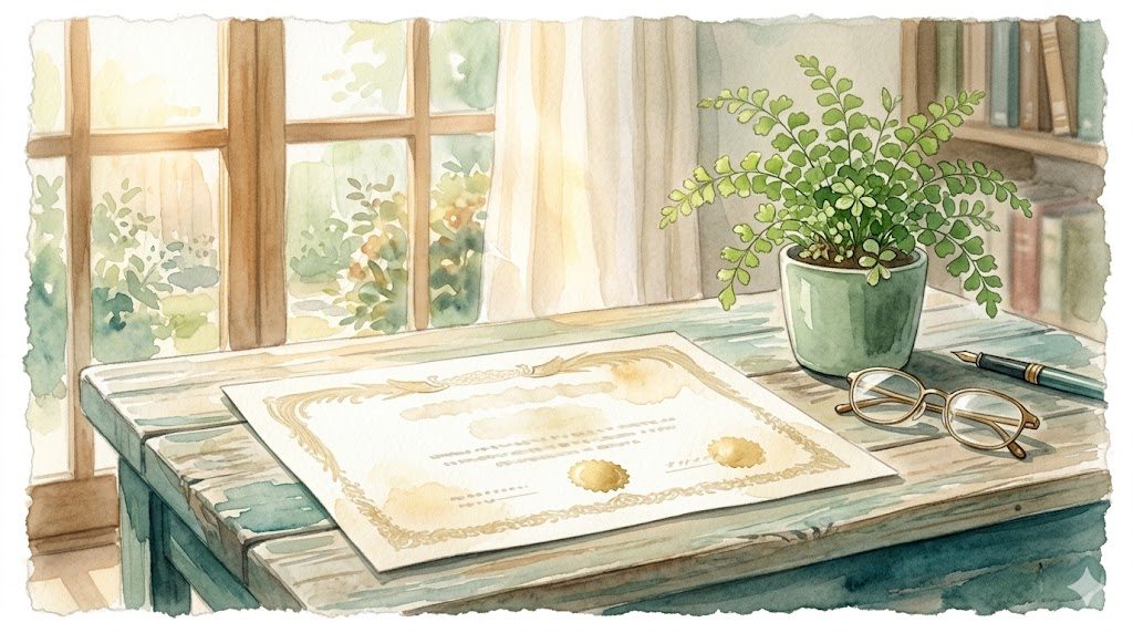 Warm watercolor illustration of a professional credential on a desk with morning light, representing the trust and expertise of BCBA certification in ABA therapy