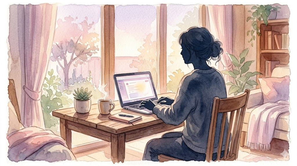 Warm watercolor illustration of a parent at a laptop taking proactive steps, representing empowered action while navigating ABA therapy waitlists