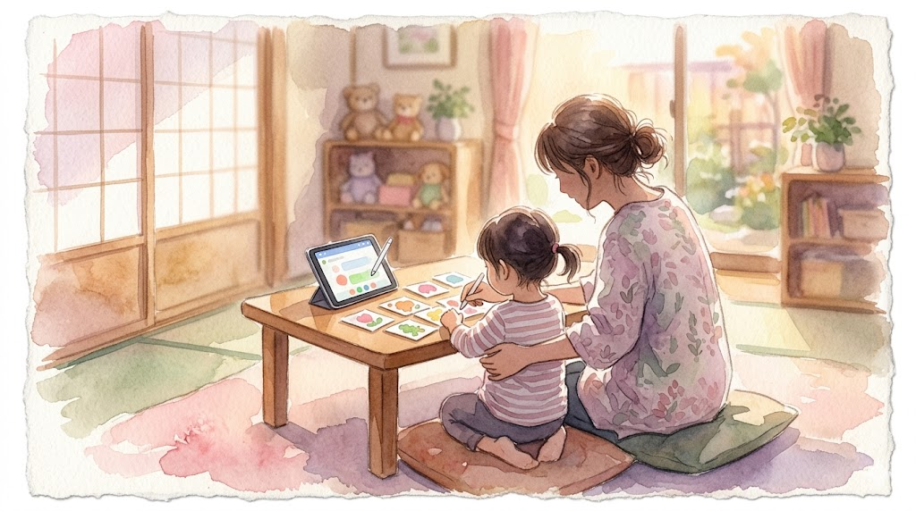 Warm watercolor illustration of a parent and child playing with picture cards at a table, representing communication skill building for autistic children