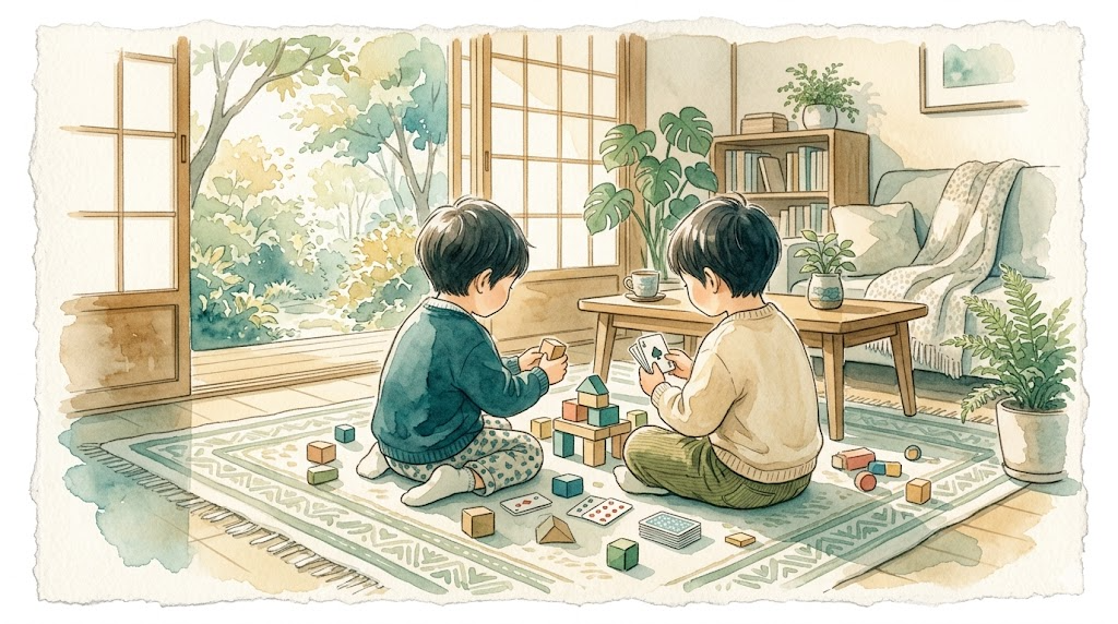 Warm watercolor illustration of two children playing together on a rug, representing social skill building through ABA therapy for autistic children