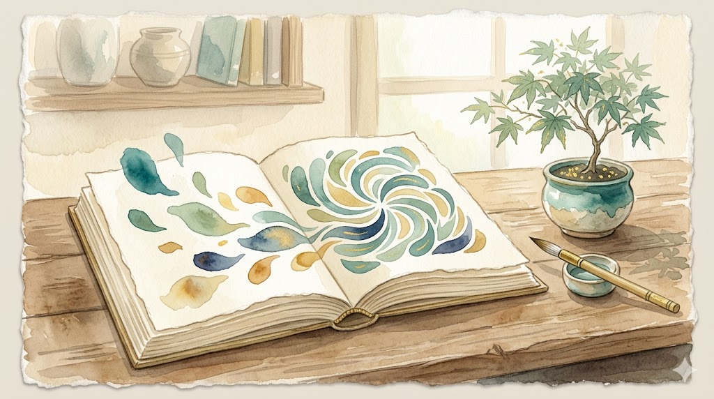 Soft watercolor illustration of a study desk with an open book and colorful shapes settling into order, representing clarity and focus in ABA therapy for ADHD children