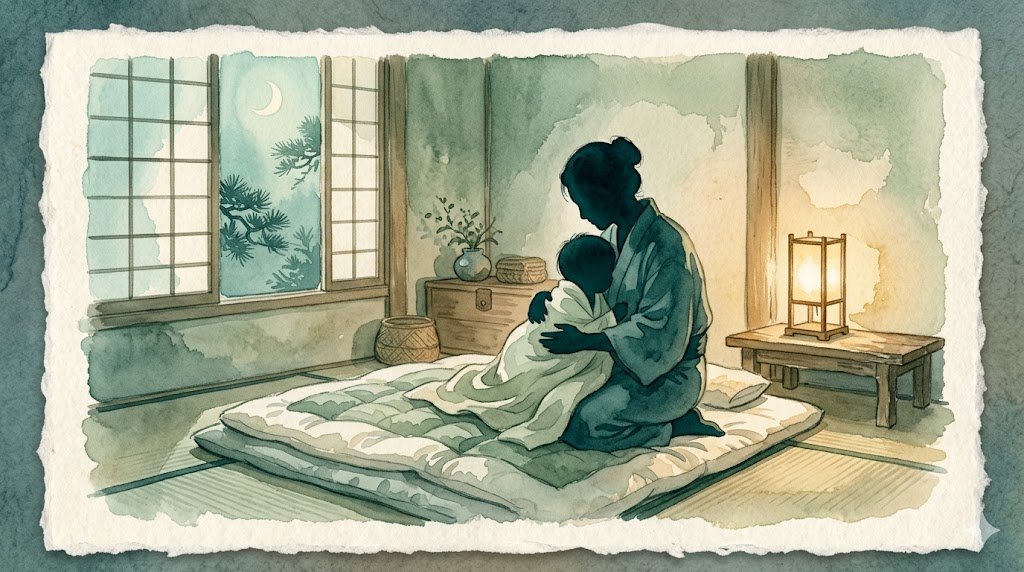 Soft watercolor of parent and child silhouettes in a moonlit bedroom with warm lamp light, teal and sage palette representing autism sleep support