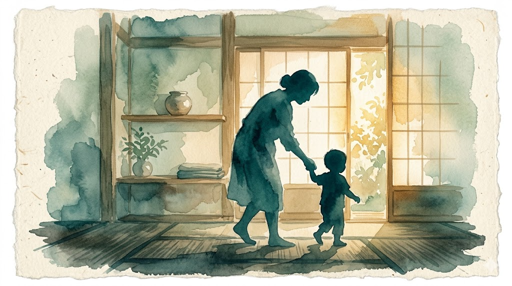Soft watercolor of a parent silhouette gently guiding a child in a warm home interior, teal and sage palette representing autism toilet training behavioral guidance