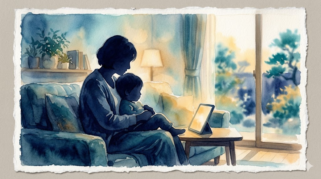 Soft watercolor of parent and child silhouettes sitting together with a glowing screen in a cozy home, representing virtual ABA therapy connection and warmth