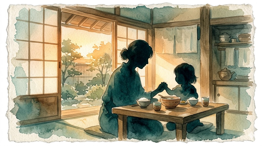 Soft watercolor painting of parent and child at kitchen table in warm teal and gold tones, calm mealtime scene