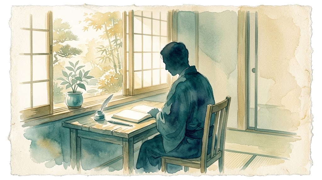 Soft watercolor painting of an adult silhouette at a desk by a window, teal and warm gold tones, quiet reflection