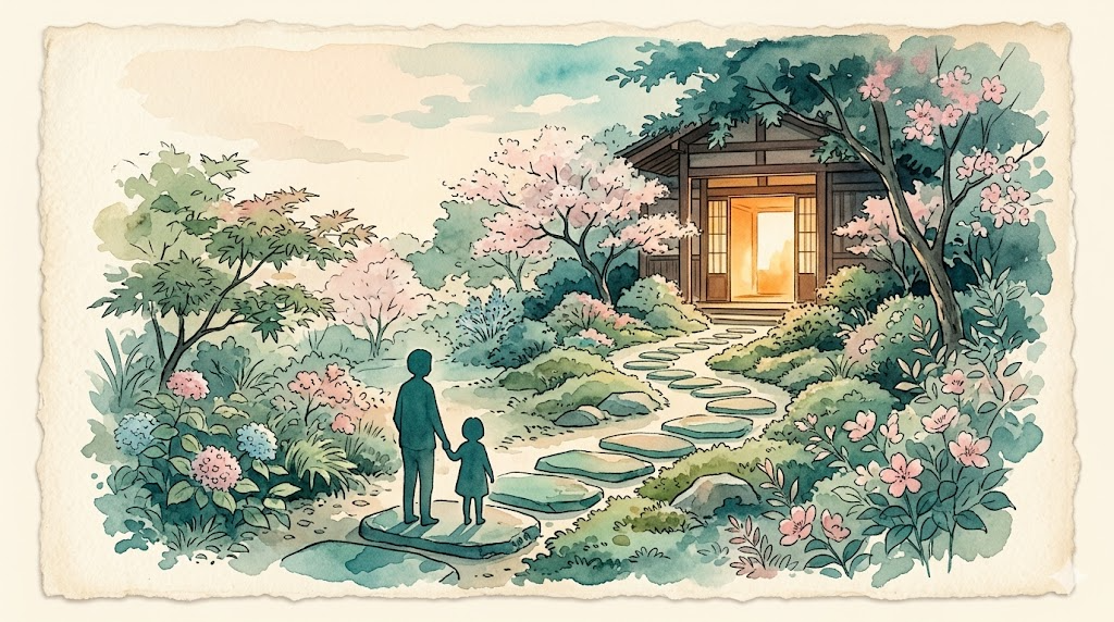 Soft watercolor illustration of a parent and child silhouette standing at the start of a stepping-stone path toward a glowing garden doorway, representing beginning ABA therapy