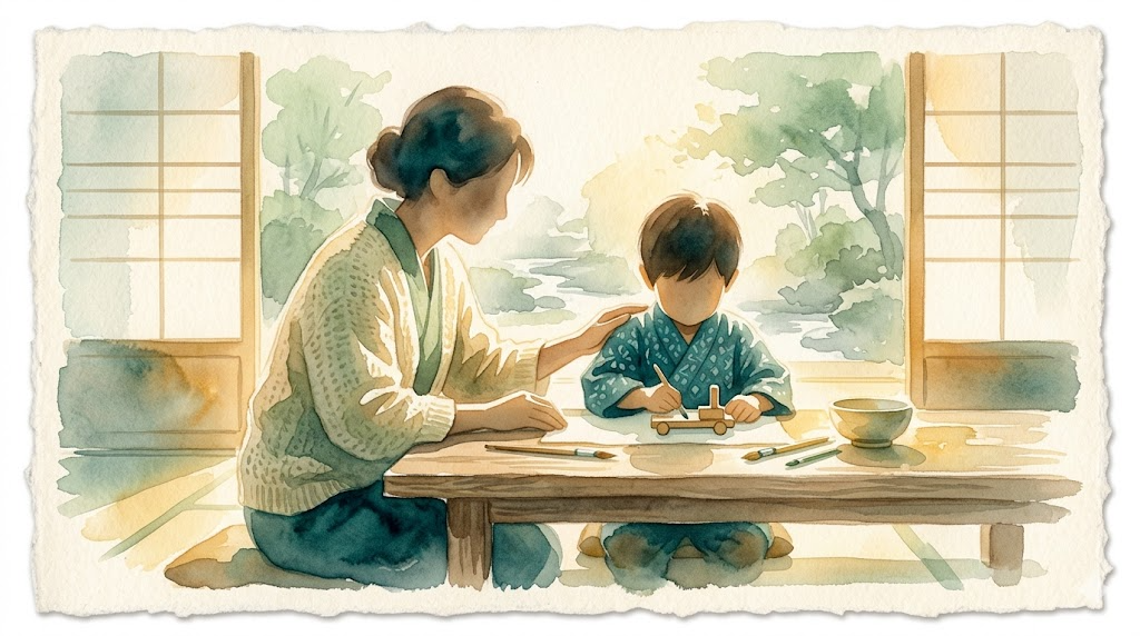 Parent and child sitting together at a table in warm light — representing ABA therapy progress notes and family involvement