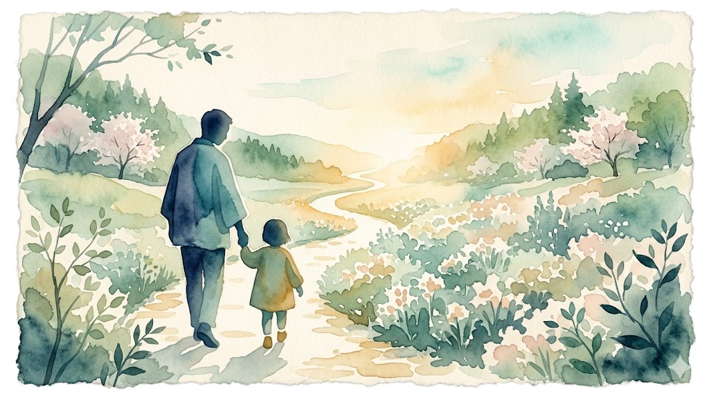 Parent and child walking together toward an open garden — representing the transition off ABA therapy and what comes next