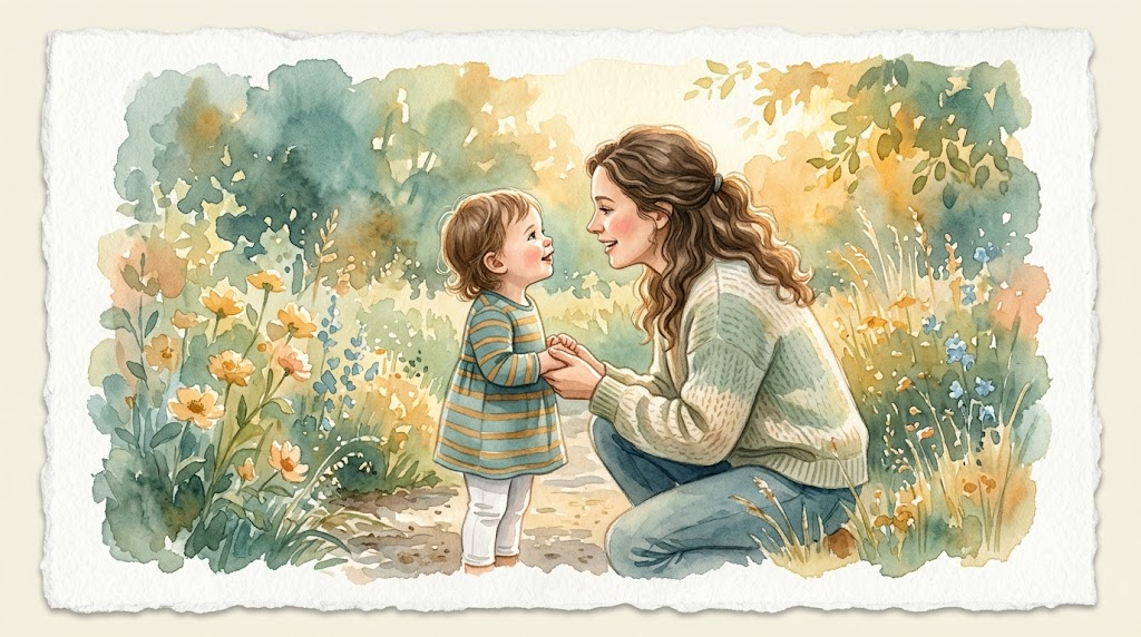 Watercolor illustration of a parent kneeling to talk face-to-face with a young child in a sunlit garden, sharing a warm language-building moment