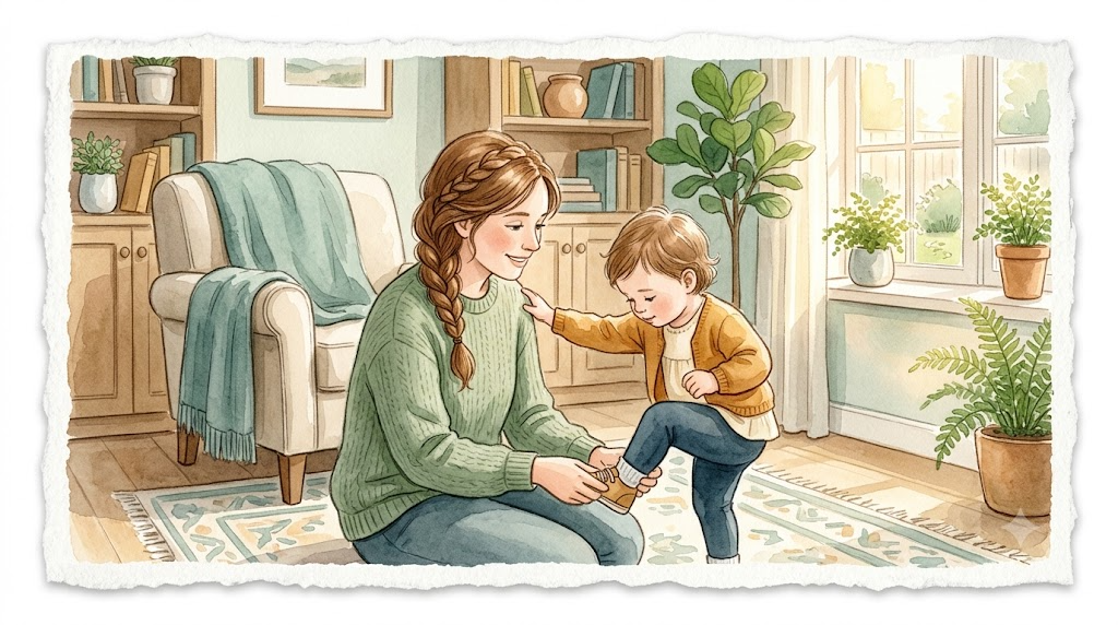 Watercolor illustration of a patient parent helping a young child put on shoes in a cozy sunlit living room, part of a gentle daily routine
